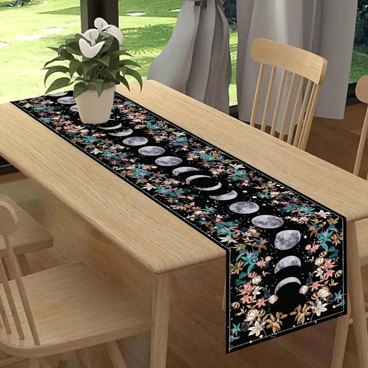 Vibrant Polyester Boho Floral Moon Phase Table Runner - Moon Astrology Home Decor-MoonChildWorld