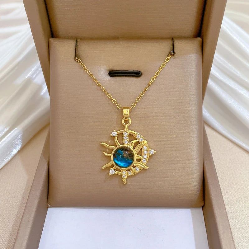 Blue Crystal Sun Moon Necklace Celestial Sun Moon Goddess Necklace Pagan Jewelry-MoonChildWorld