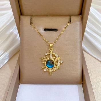 Blue Crystal Sun Moon Necklace Celestial Sun Moon Goddess Necklace Pagan Jewelry