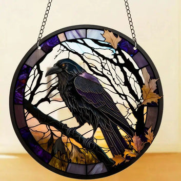 Black Raven Suncatcher Gothic Crow Halloween Acrylic Round Sign