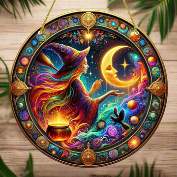 Moon Cauldron Witch Halloween Suncatcher Witchy Acrylic Round Sign-MoonChildWorld