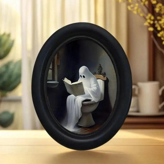 Little Ghost Sitting on the Toilet Wooden Oval Frame - Gothic Oval Wall Art - Halloween Wall Decoration