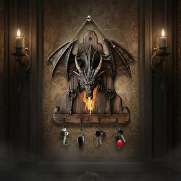 2D Fire Dragon Wooden Key Holder with Four Metal Hooks