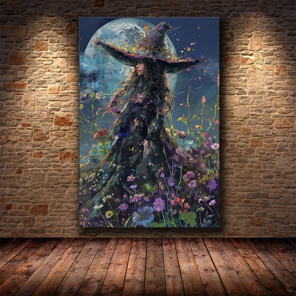 Halloween Full Moon Dark Witch in Wildflowers Mystical Witch Poster Wall Art-MoonChildWorld