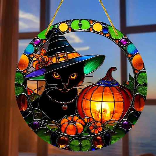 Witch Black Cat Suncatcher Halloween Acrylic Round Sign