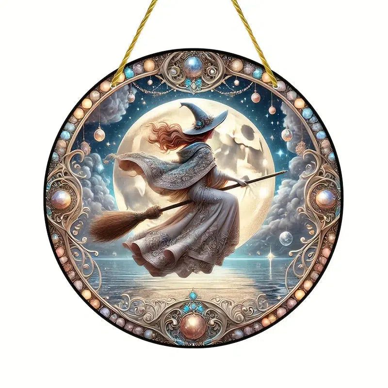 Full Moon and Flying Witch Window Ornament Mystical Suncatcher-MoonChildWorld