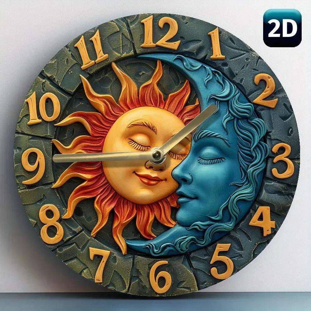 Wooden wall clock with sun and moon patterns for Pagan home decor-MoonChildWorld