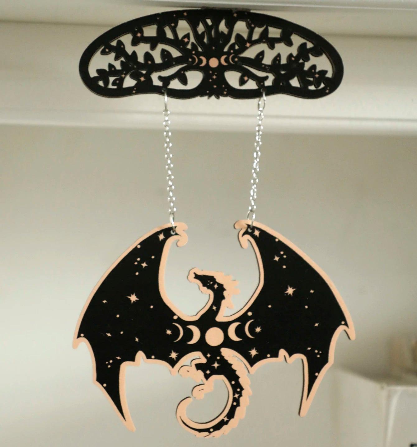 Gothic Black Wooden Dragon Hanging Ornament - Spirit Tree Moon Phase Wall Decoration Wicca Home Decor-MoonChildWorld