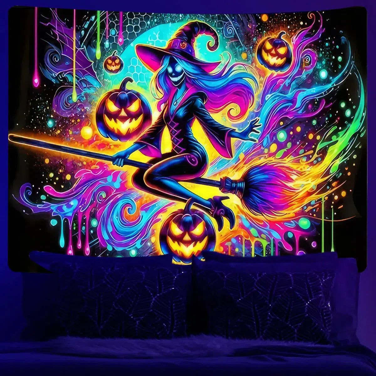 Halloween Wall Decor Blacklight UV Fluorescent Tapestry Pumpkin Witch Tapestry Wall Hanging-MoonChildWorld