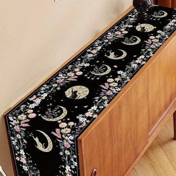 Floral Moon Table Runner - Mystical Witchy Black Cat & Moon Phases Table Runner-MoonChildWorld