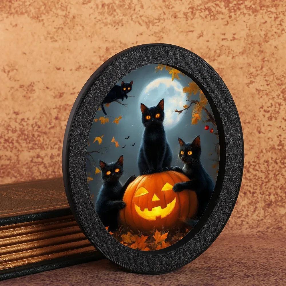 Black Cat & Pumpkin Spooky Wooden Oval Frame - Gothic Oval Wall Art - Halloween Wall Decoration-MoonChildWorld