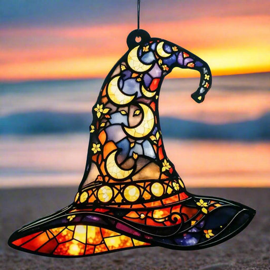 Moon Star Witch Hat Acrylic  Suncatcher Halloween Window Decoration Wind Chime - Witchy Hanging Ornament