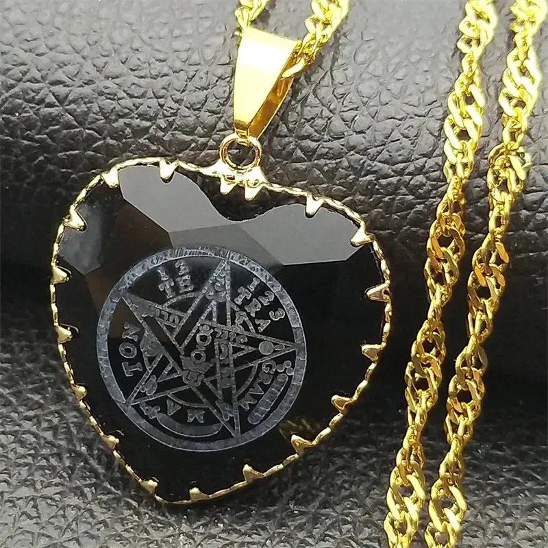 Tetragrammaton Hebrew Pentagram Heart Shaped Glass Necklace Witchcraft Jewelry-MoonChildWorld