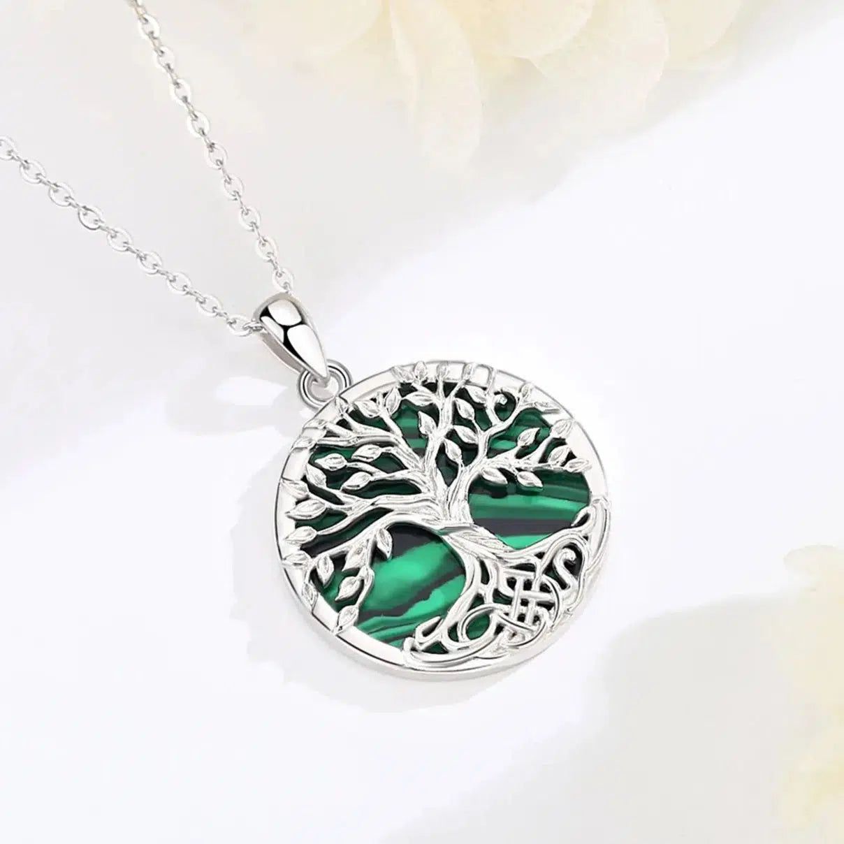 Pagan Celtic Tree of Life Necklace Malachite Natural Stone Jewelry-MoonChildWorld