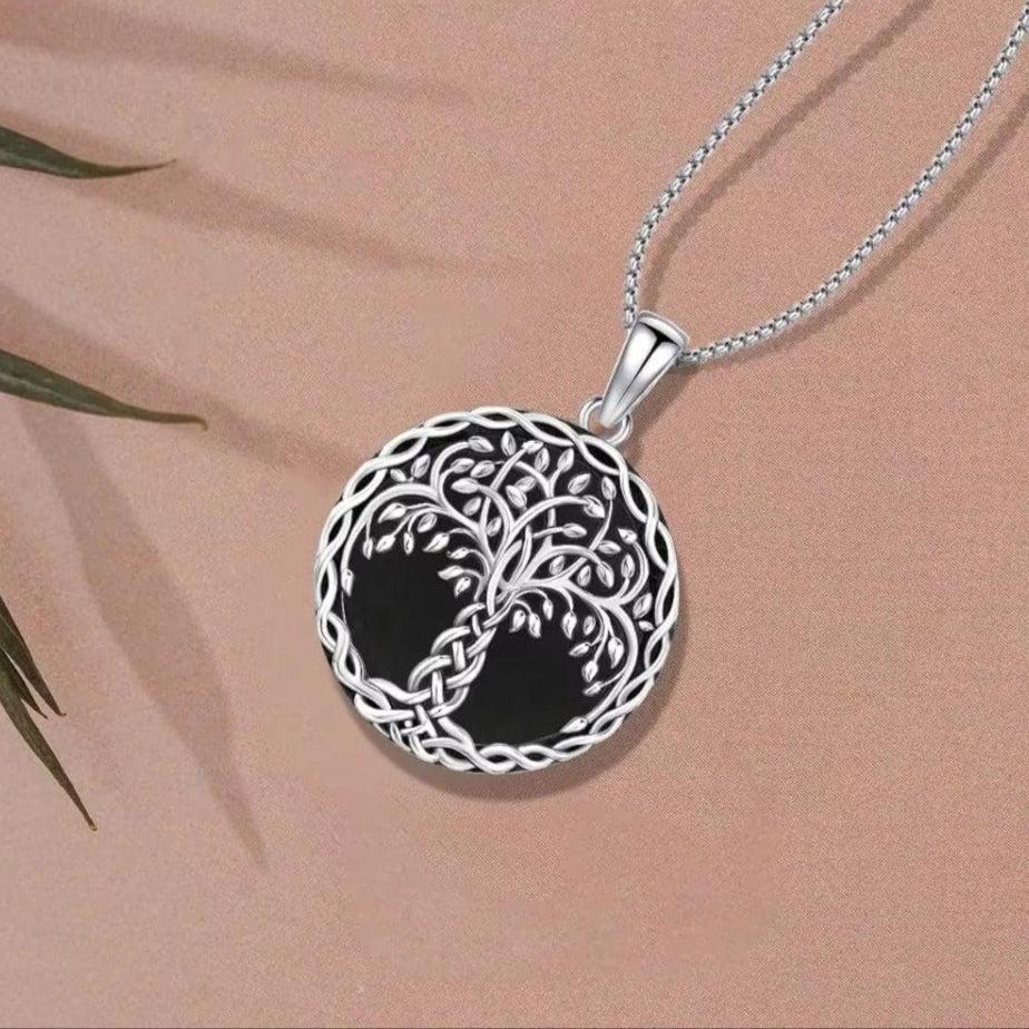 925 Sterling Silver Tree of Life Necklace Black Agate Celtic Knot Pagan Jewelry-MoonChildWorld