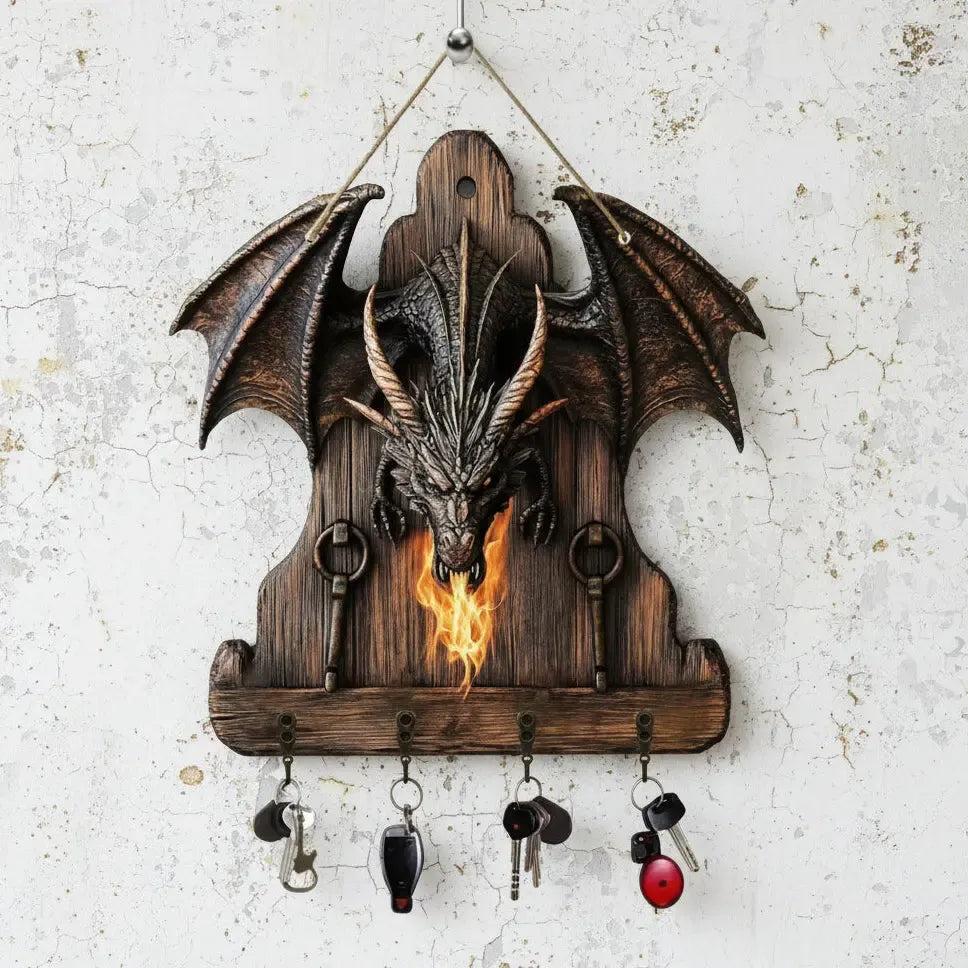 2D Fire Dragon Wooden Key Holder with Four Metal Hooks-MoonChildWorld
