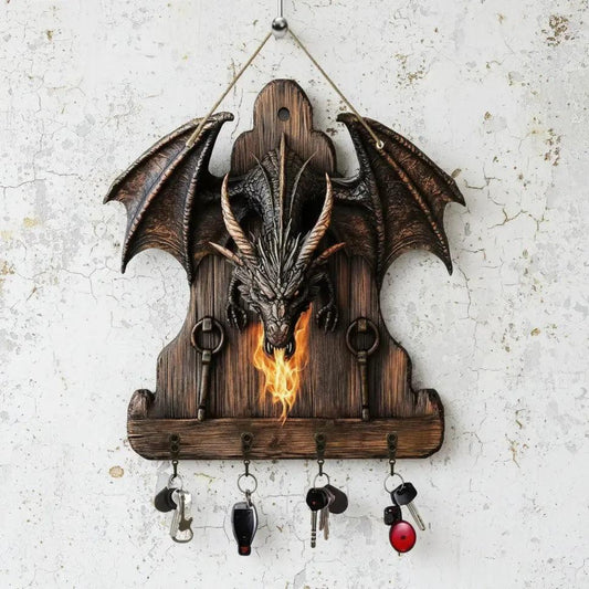 2D Fire Dragon Wooden Key Holder with Four Metal Hooks