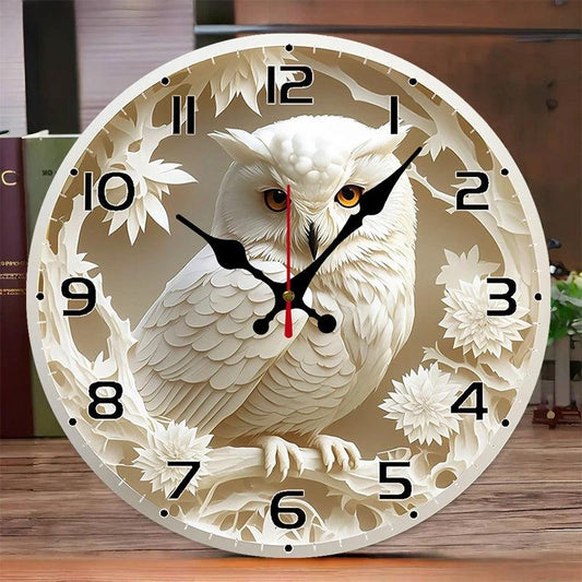 Winter Owl Wooden Round Hanging Wall Clock