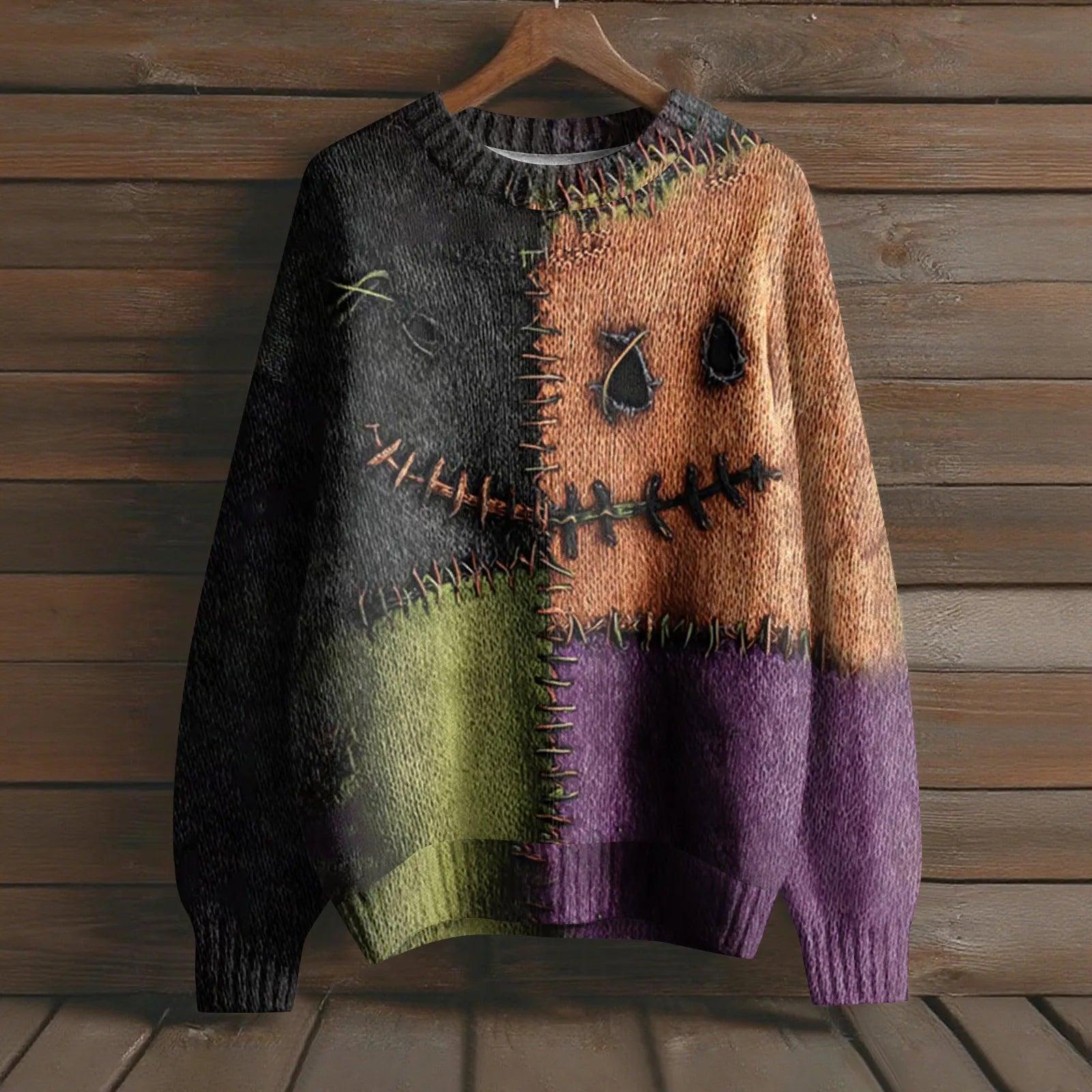 Creepy Pumpkin Long Sleeve Pullover Sweater - Gothic Witch Halloween Sweater-MoonChildWorld