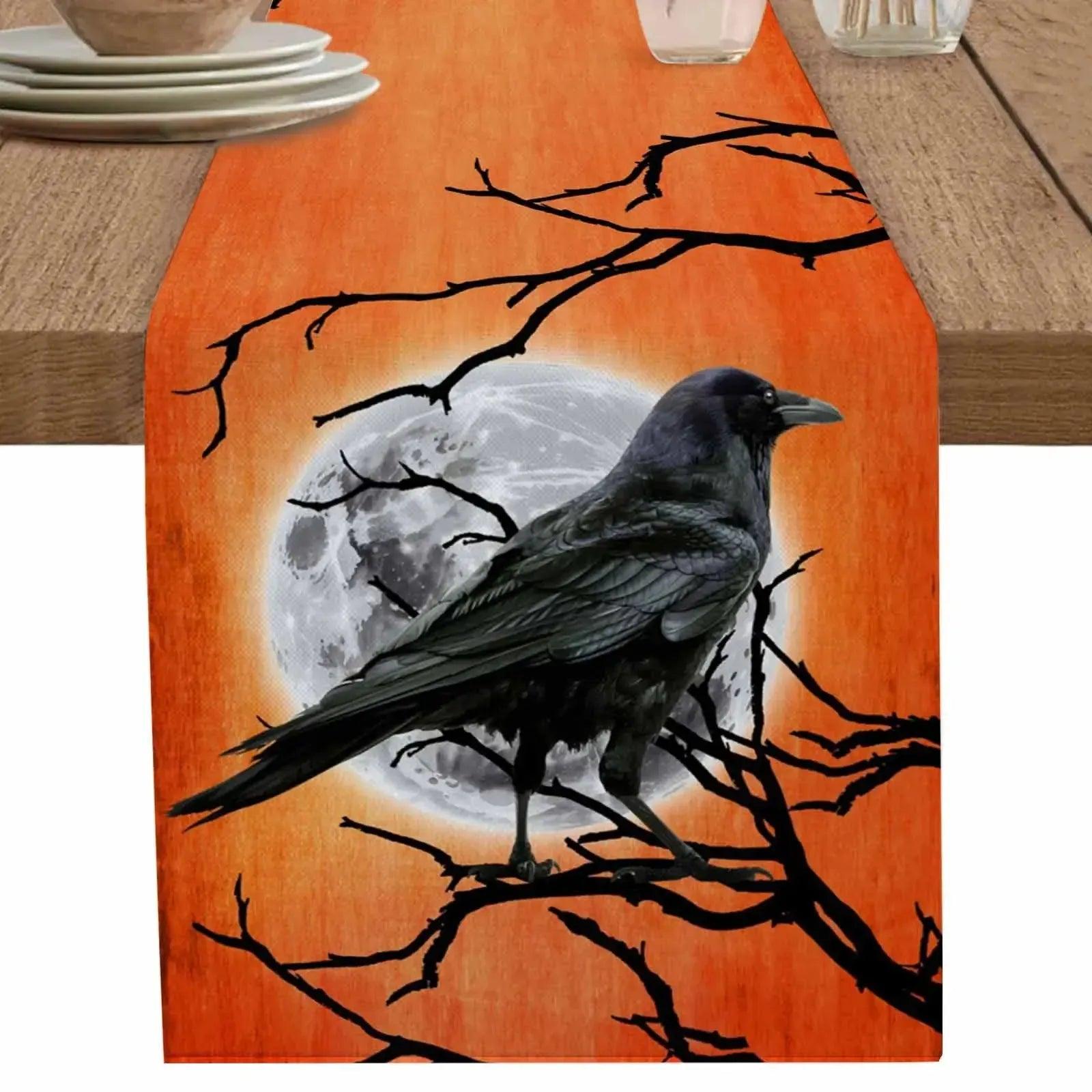 Moon Branches Crow Gothic Table Runner for Halloween Table Decor - Witchy Raven Table Runner-MoonChildWorld