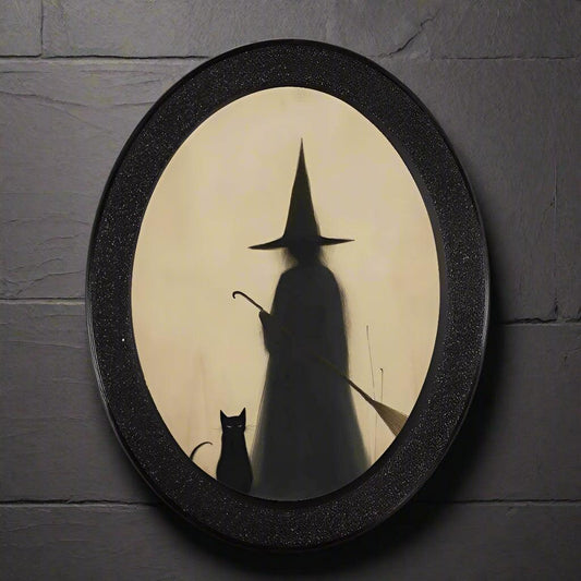 Creepy Witch Silhouette with Black Cat Spooky Wooden Oval Frame - Gothic Oval Wall Art - Halloween Wall Decoration