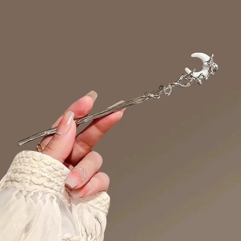 Black Crystal Moon Tassel Hair Stick Gothic Moon Hair Stick Witchy Hair Accessories-MoonChildWorld