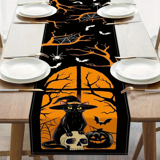 Gothic Skull Pumpkin Black Cat Halloween Table Runners - Witchy Spooky Table Decor for Halloween