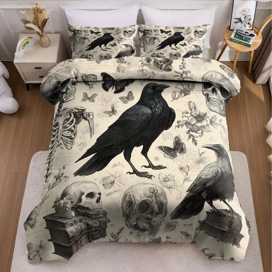 Witchy Raven Halloween Duvet Cover Set Gothic Skulls Crows Bedding Set