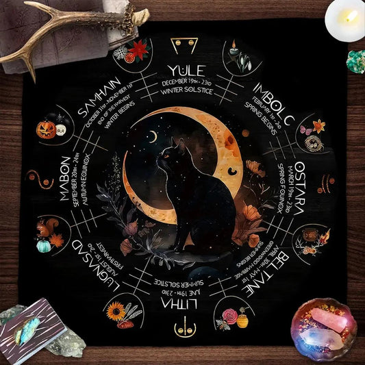 Witchy Black Cat Tarot Card Tablecloth Wheel of year Pagan Altar Cloth