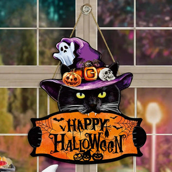 Spooky Halloween Wooden Door Hanger with Witchy Black Cat