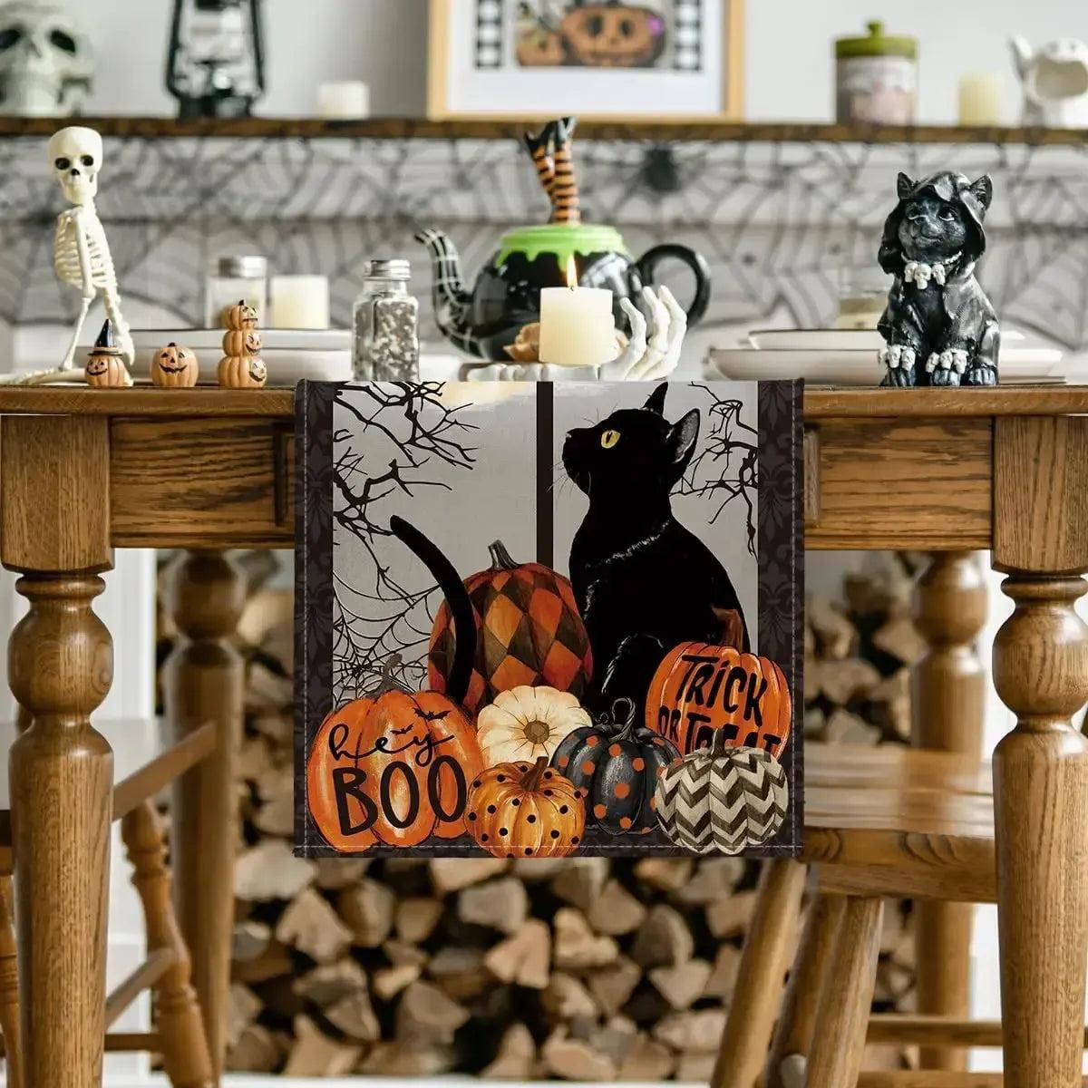 Gothic Black Cat Pumpkins Halloween Linen Table Runners - Trick or Treat Spooky Table Decor for Halloween-MoonChildWorld