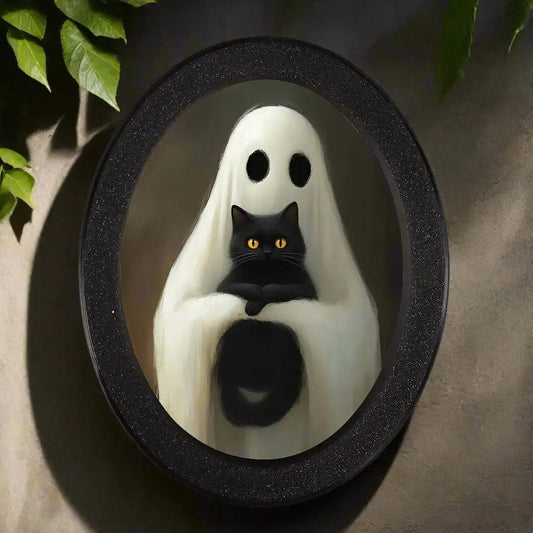 Retro Ghost and Black Cat Witchy Wooden Oval Frame - Gothic Oval Wall Art - Halloween Wall Decoration