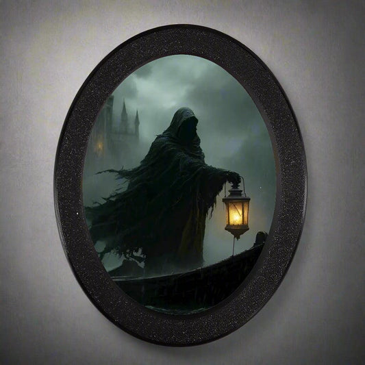 Lantern Witch Wooden Oval Frame - Gothic Oval Wall Art - Witch Halloween Wall Decoration