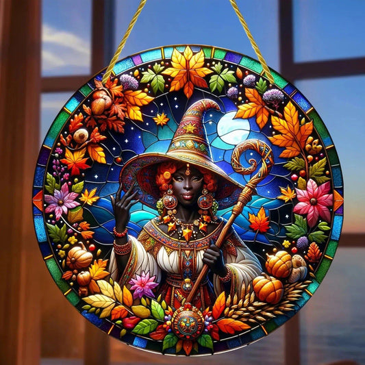 Spellbinding Beauty African Witch Suncatcher Halloween Acrylic Round Sign