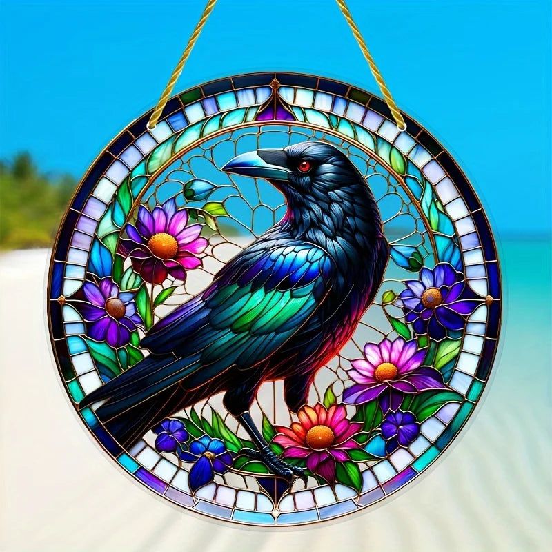 Black Raven Suncatcher Witch Crow Acrylic Round Sign Witchy Decor-MoonChildWorld