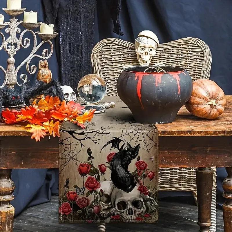 Black Cat Skull Spider Web Halloween Table Runner - Gothic Table Runner for Witch Halloween Decorations-MoonChildWorld