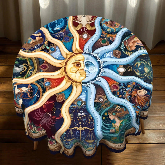 Twelve Zodiac Bohemian Sun Moon Tablecloth Pagan Home Decor