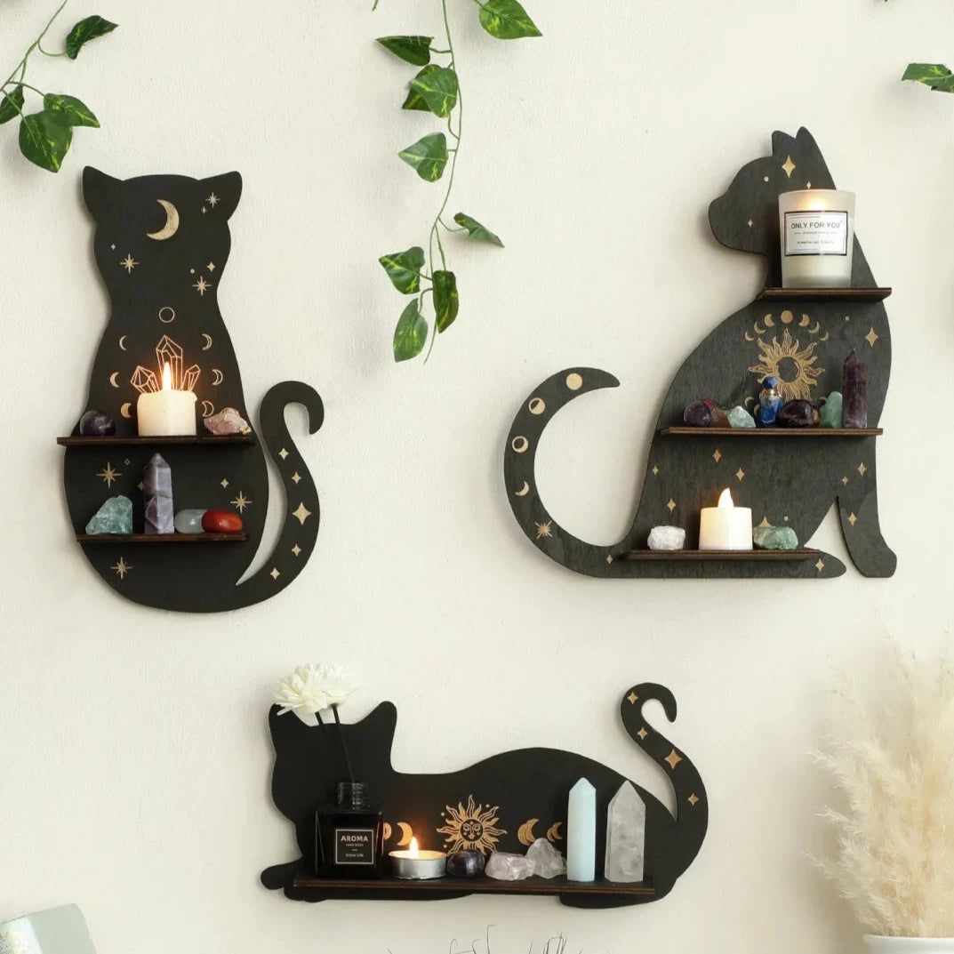 Black Cat Wooden Shelf Moon Phase Floating Shelf Chakra Crystal Holder-MoonChildWorld