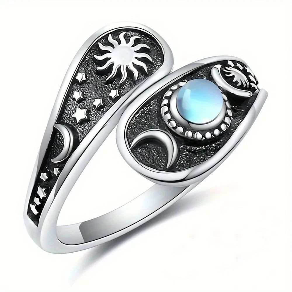 Triple Moon Wiccan Ring Moon Star Opal Ring-MoonChildWorld