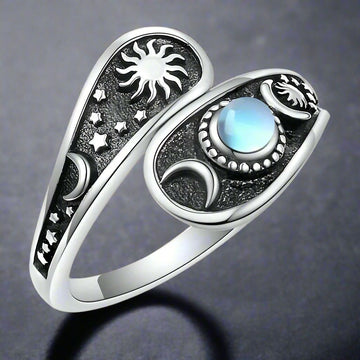 Triple Moon Wiccan Ring Moon Star Opal Ring-MoonChildWorld