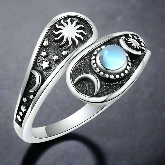 Triple Moon Wiccan Ring Moon Star Opal Ring