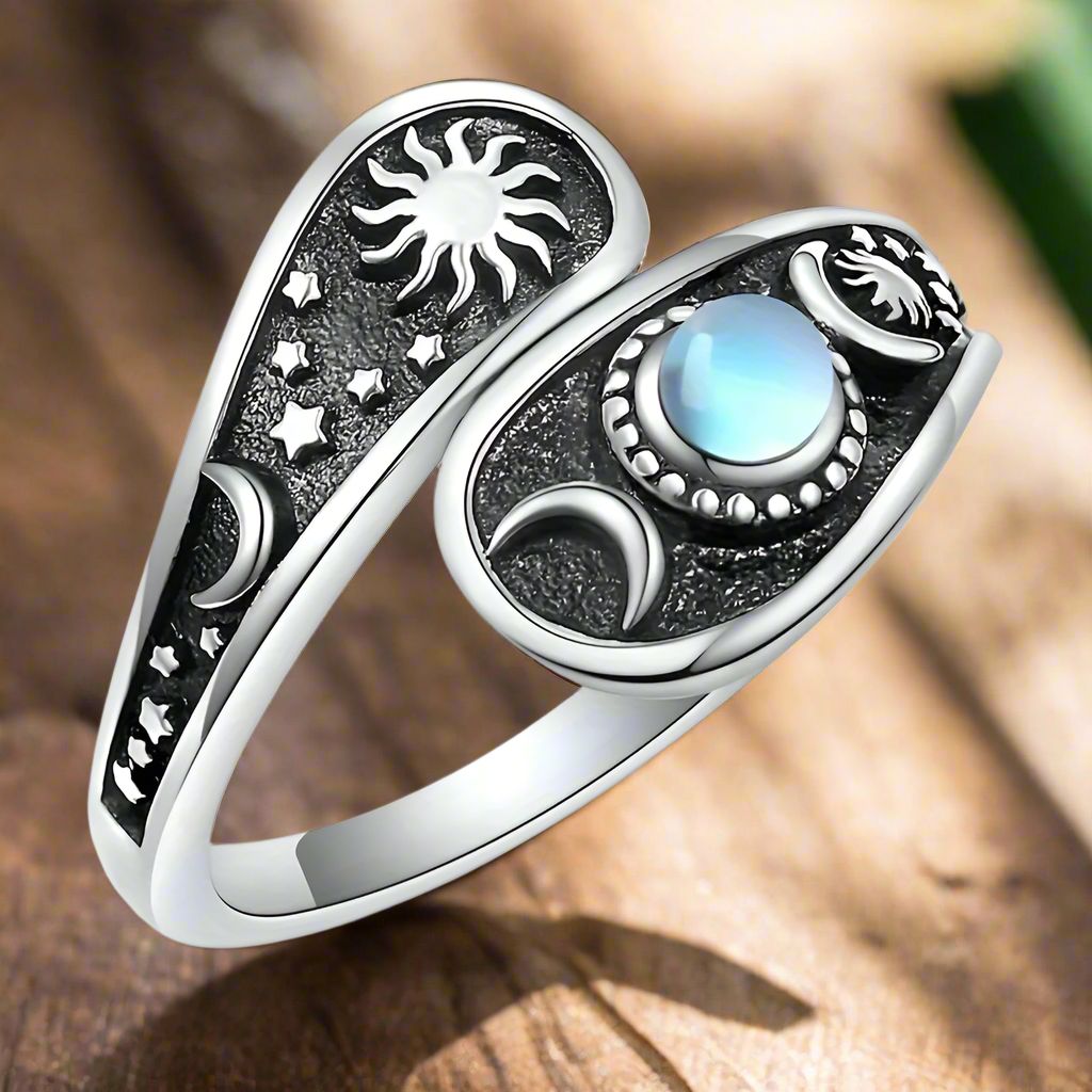 Triple Moon Wiccan Ring Moon Star Opal Ring-MoonChildWorld