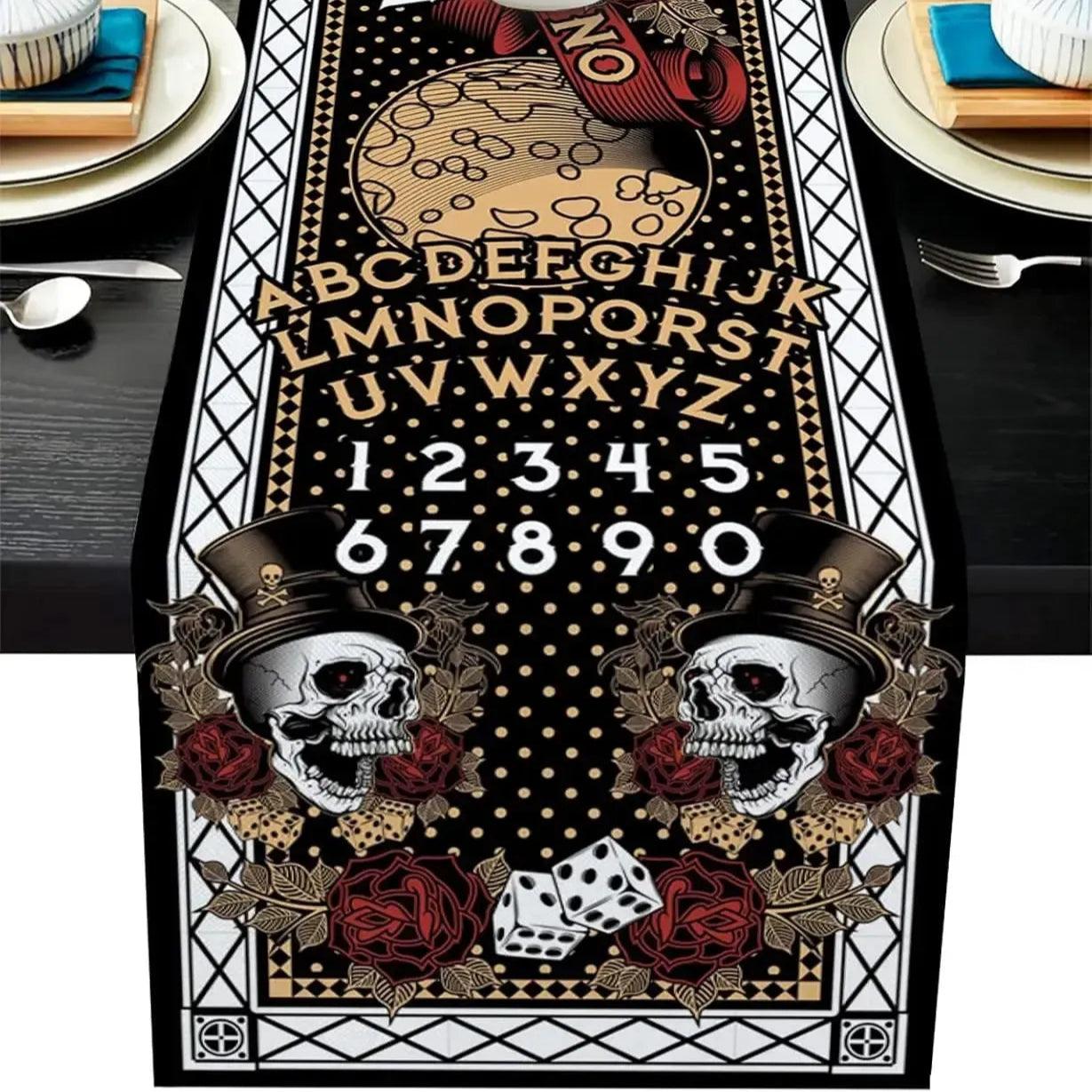 Halloween Witch Ouija Boards Linen Table Runner - Witchy Moth Magic Black Cat Table Runner Gothic Home Decor-MoonChildWorld