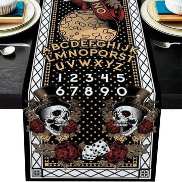 Halloween Witch Ouija Boards Linen Table Runner - Witchy Moth Magic Black Cat Table Runner Gothic Home Decor-MoonChildWorld
