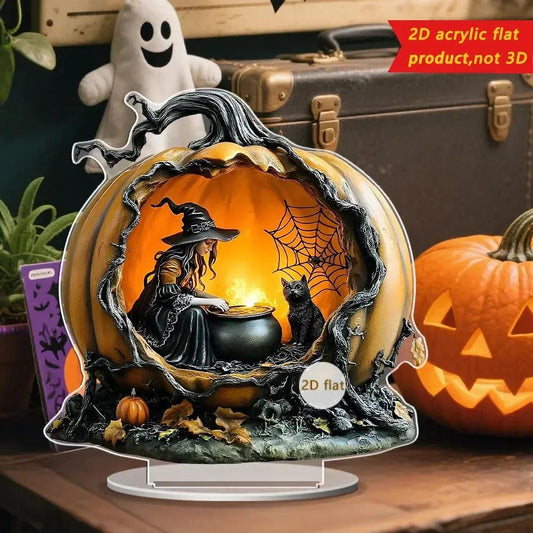 Pumpkin Witch Table Ornament Halloween Decoration - 2D Flat Acrylic Spooky Halloween Desktop Ornaments