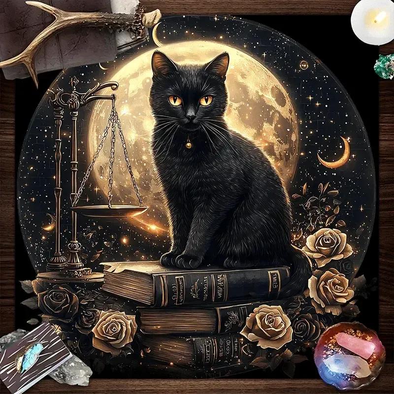 Mysterious Black Cat Tarot Tablecloth Wicca Cat Altar Cloth Witchcraft Cat & Moon Divination Cloth-MoonChildWorld