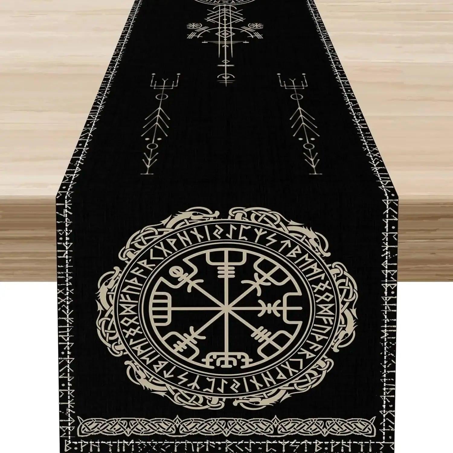Norse Runes Viking Raven Wolf Linen Table Runner - Mythology Tree of Life Pagan Table Runners-MoonChildWorld