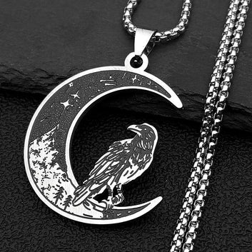 Gothic Raven Crescent Moon Necklace Dark Crow Witch Jewelry