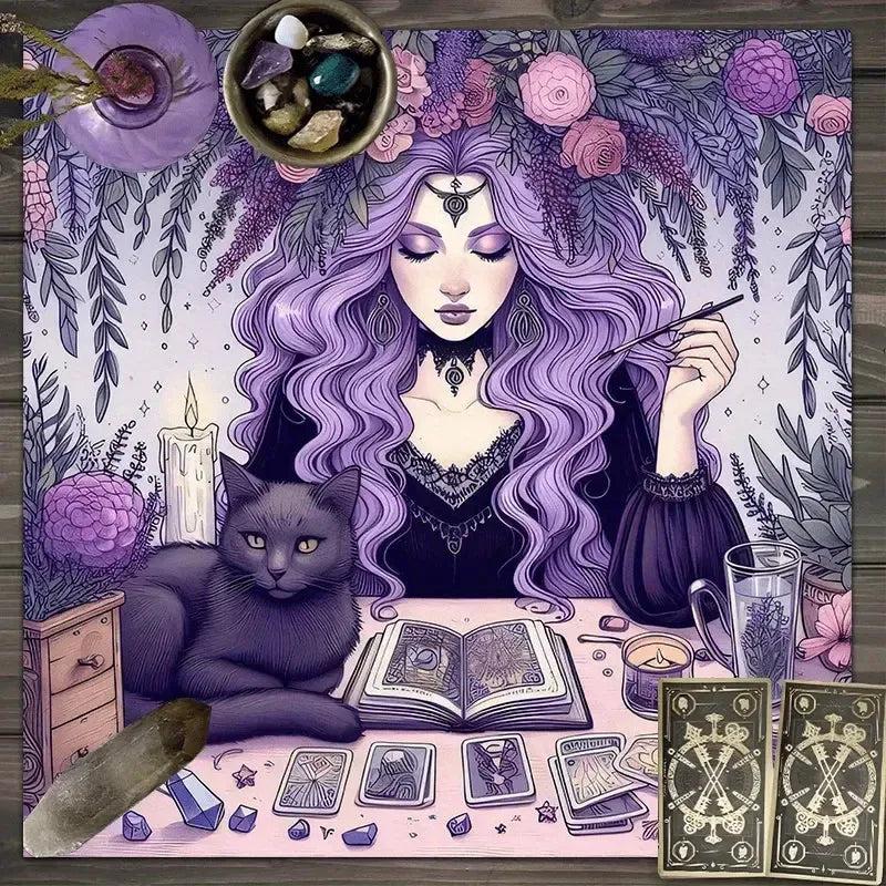 Mystic Witch and Black Cat Tablecloth Tarot Divination Wicca Altar Cloth-MoonChildWorld