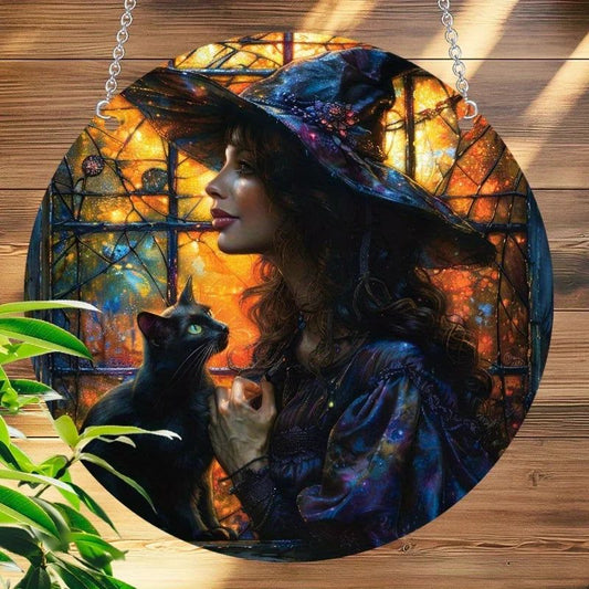 Black Cat Witch Suncatcher Mystic Acrylic Round Sign